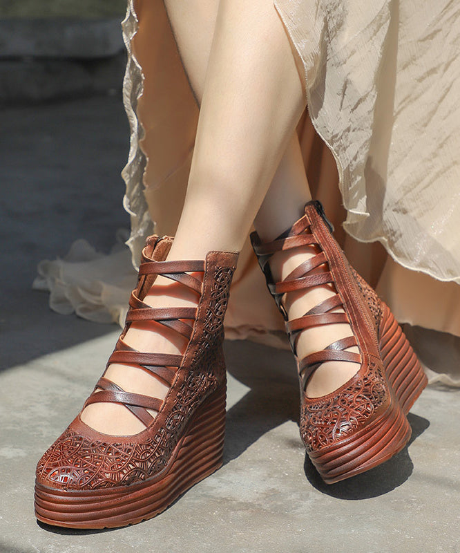 Unique Apricot Wedge Cowhide Leather Hollow Out Splicing Sandals