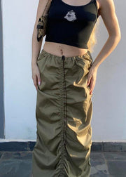 Unique Army Green Drawstring Wrinkled Patchwork Cotton Maxi Skirts Fall