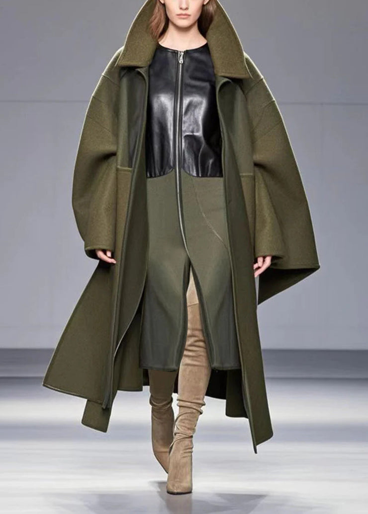 Unique Army Green Patchwork Woolen Fake Coat Trench Fall