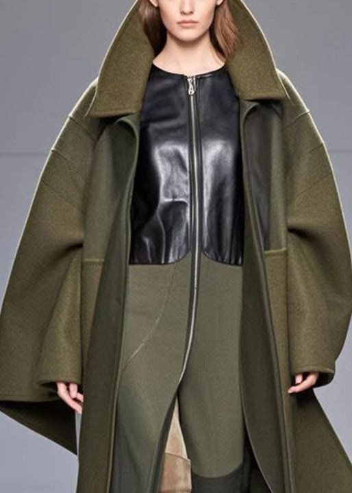 Unique Army Green Patchwork Woolen Fake Two Piece Trench Fall