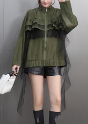 Unique Army Green Turtleneck Ruffled Patchwork Zippered Tulle Coats Spring