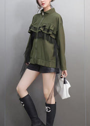 Unique Army Green Turtleneck Ruffled Patchwork Zippered Tulle Coats Spring