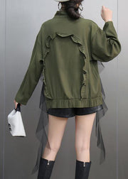 Unique Army Green Turtleneck Ruffled Patchwork Zippered Tulle Coats Spring