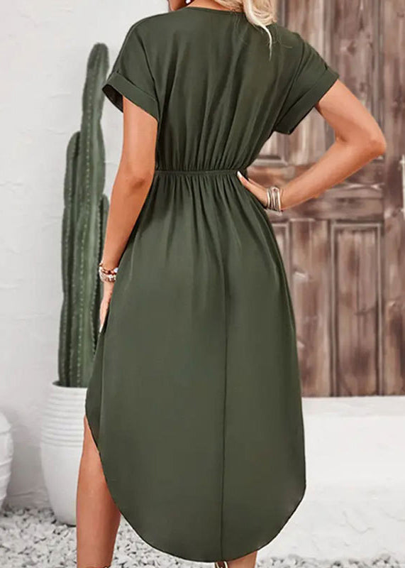 Unique Army Green V Neck Lace Up Chiffon Dress Summer