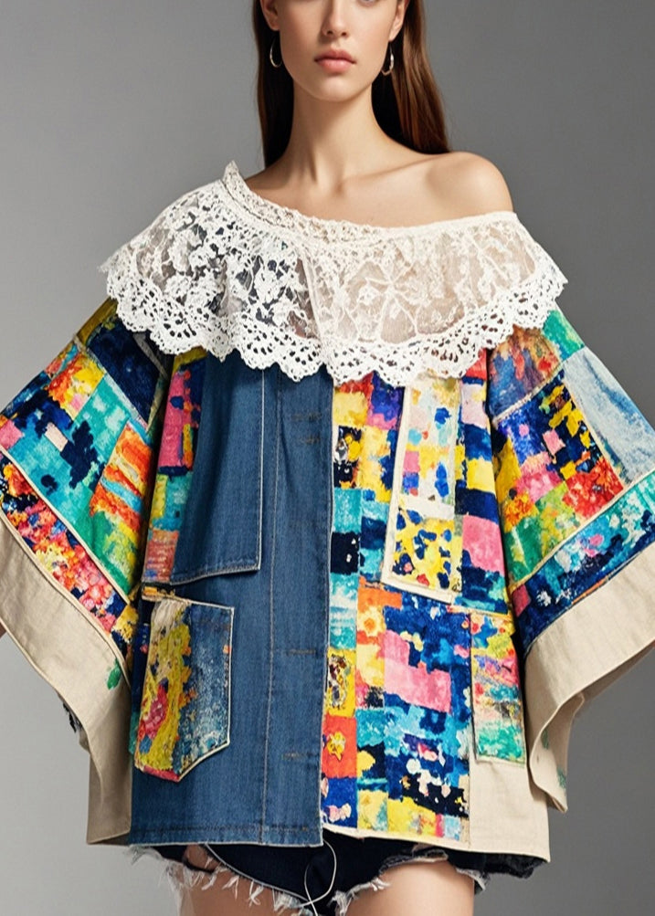 Unique Asymmetrical Lace Patchwork Print Denim Coats Fall