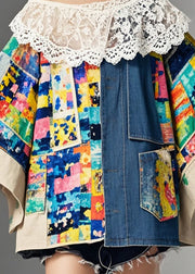 Unique Asymmetrical Lace Patchwork Print Denim Coats Fall