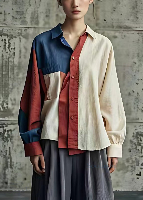 Unique Beige Asymmetrical Button Patchwork Linen Shirt Fall