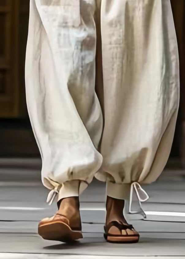 Unique Beige Drawstring Elastic Waist Beam Pants