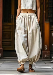 Unique Beige Drawstring Elastic Waist Beam Pants