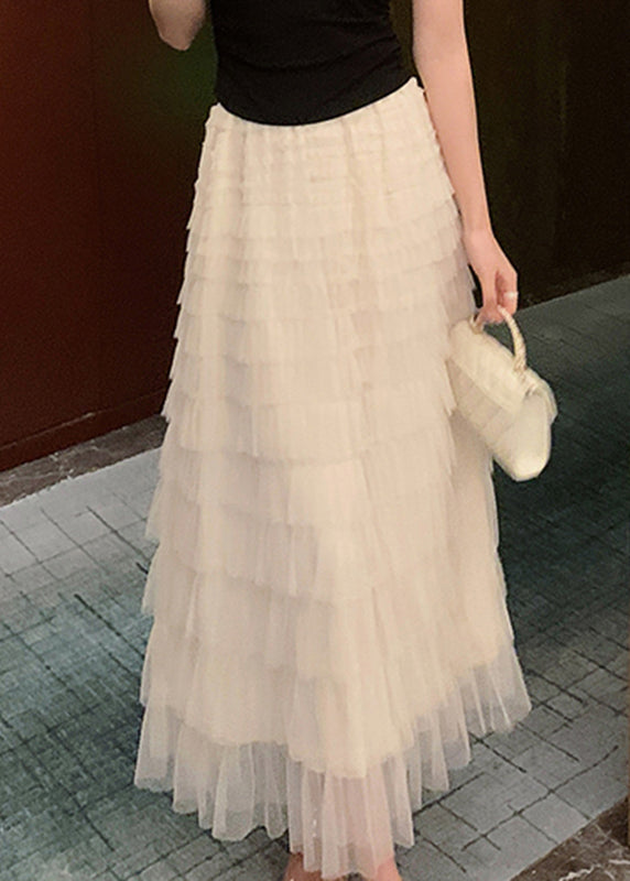 Unique Beige Elastic Waist Tulle Long Cake Skirt