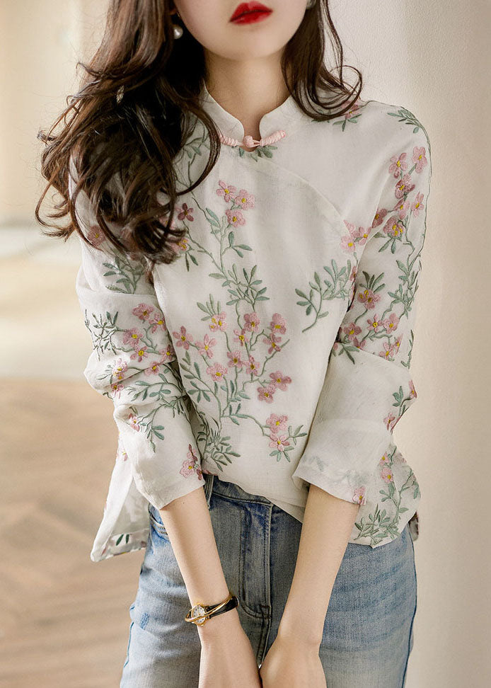 Unique purple flower Print Linen Blouses Spring