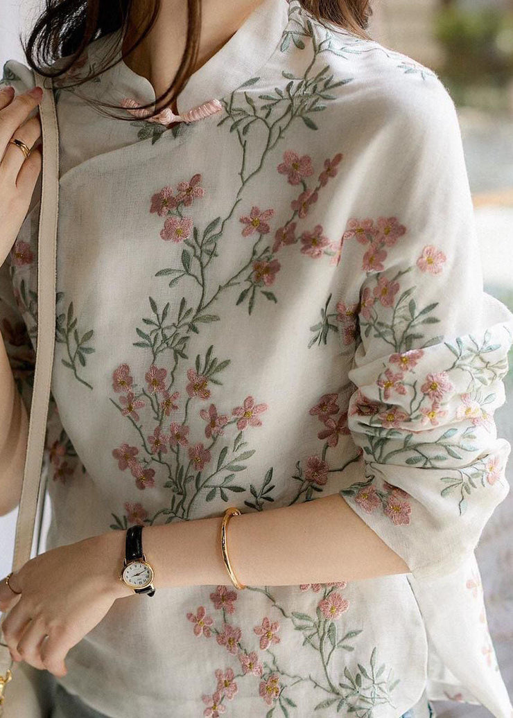 Unique Beige-flower Print Linen Blouses Spring