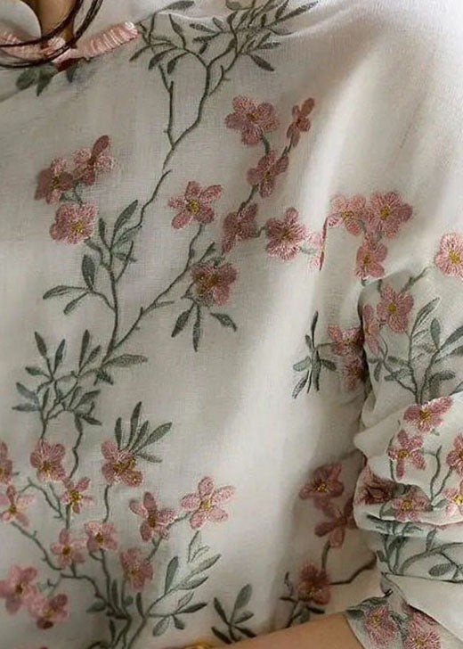 Unique Beige-flower Print Linen Blouses Spring