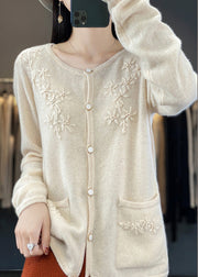 Unique Beige Floral Button Cashmere Knit Cardigan Long Sleeve