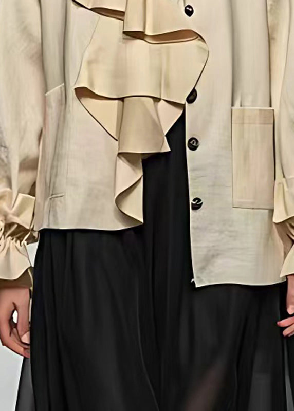 Unique Beige O-Neck Pockets Patchwork Coat Long Sleeve