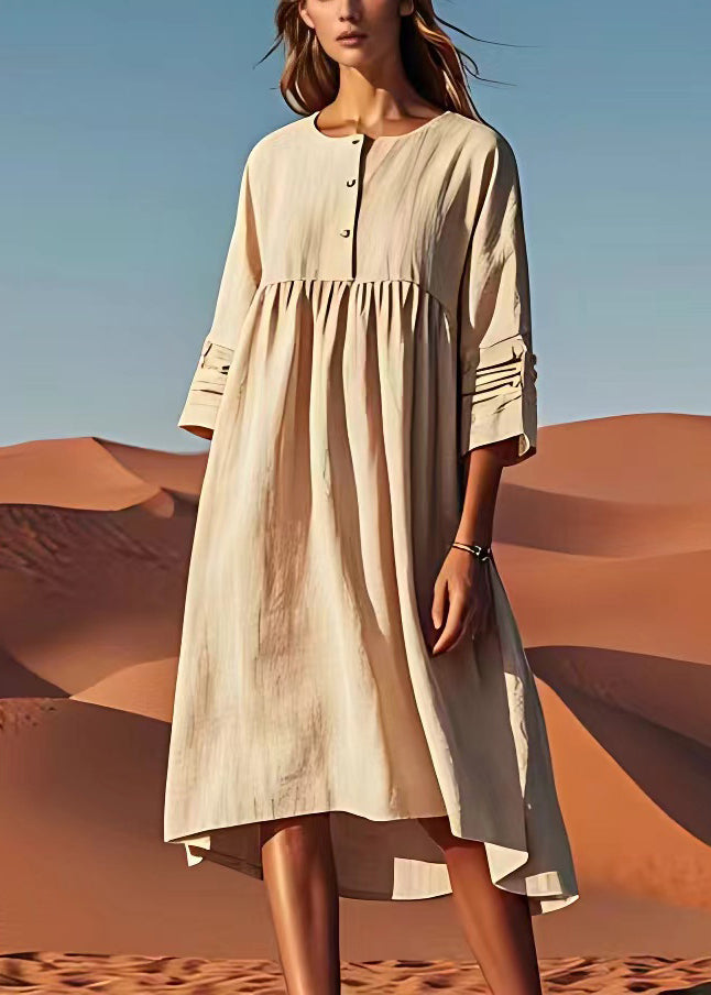 Unique Beige O Neck Wrinkled Plus Size Linen Dress Summer