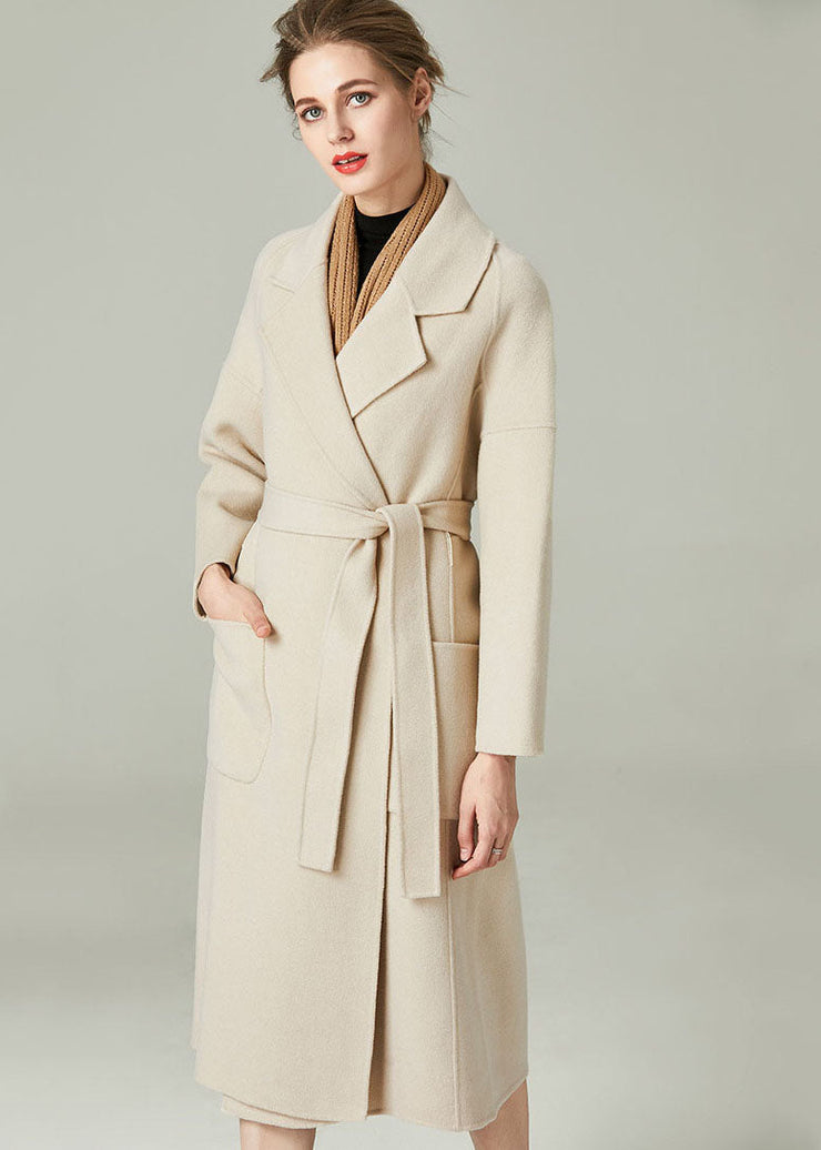 Unique Beige Peter Pan Collar Pockets Cashmere Cinch Coats Winter