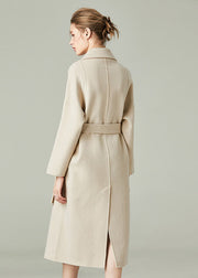 Unique Beige Peter Pan Collar Pockets Cashmere Cinch Coats Winter