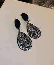 Unique Black Alloy Zircon Water drop Hollow Out Drop Earrings