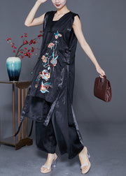 Unique Black Asymmetrical Design Embroideried Silk Two Pieces Set Summer