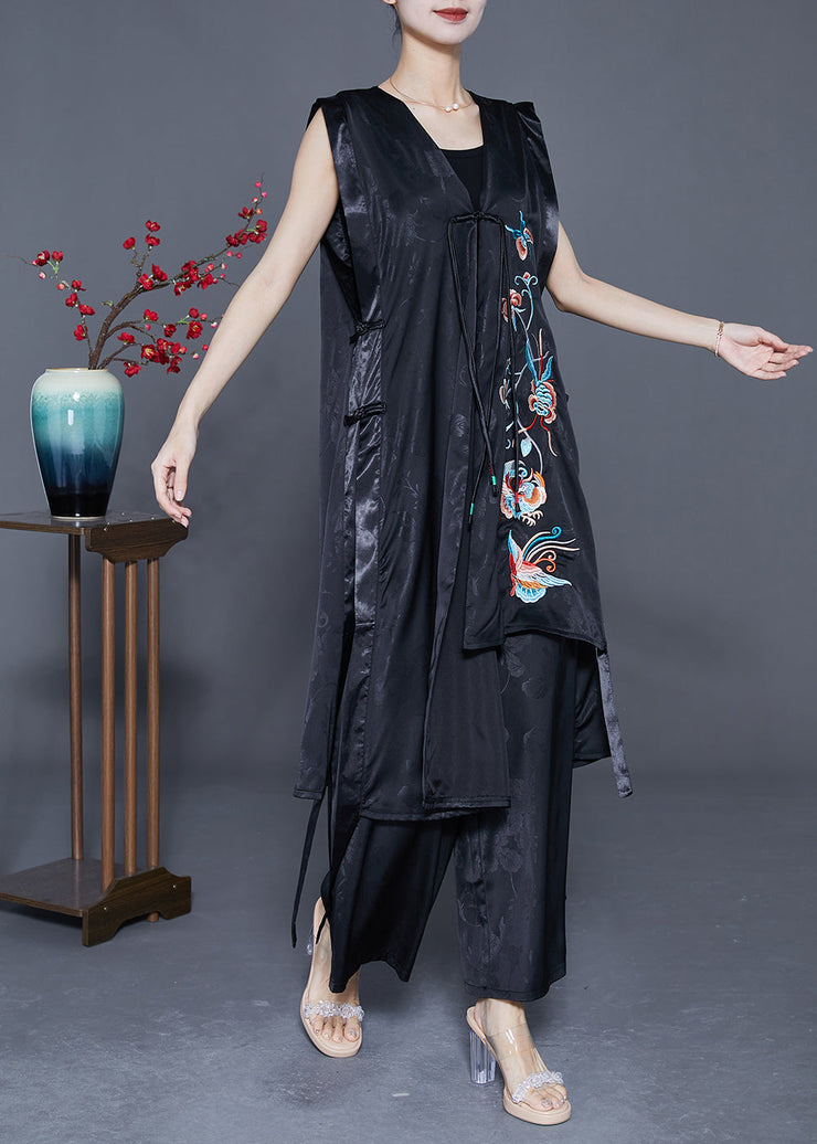 Unique Black Asymmetrical Design Embroideried Silk Two Pieces Set Summer