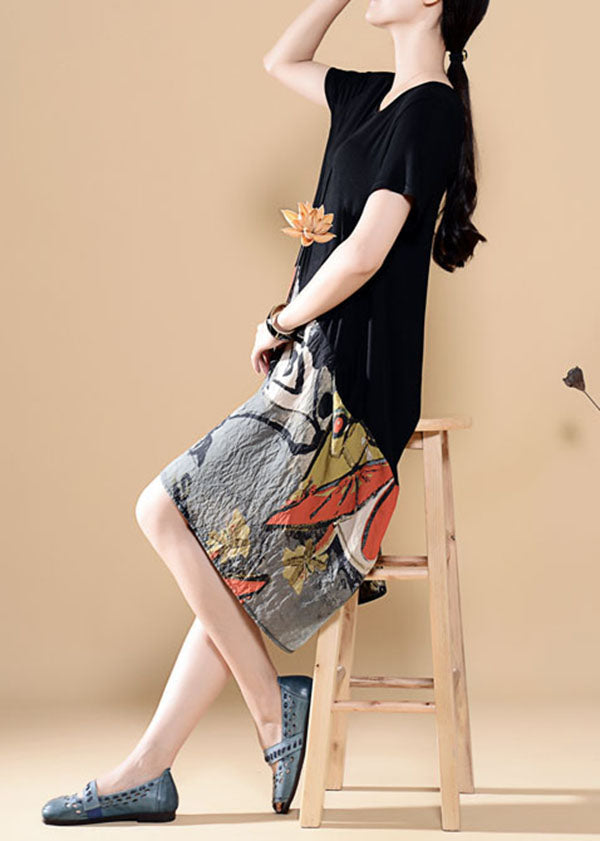 Unique Black Asymmetrical Design Print Patchwork Cotton Dress Summer