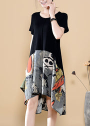 Unique Black Asymmetrical Design Print Patchwork Cotton Dress Summer