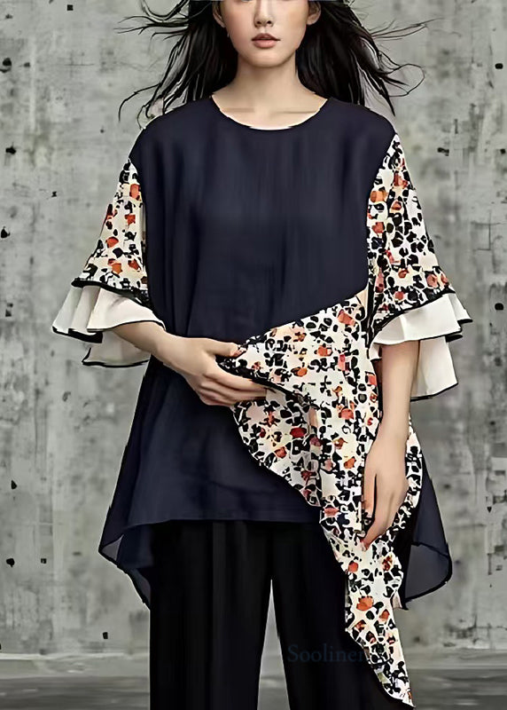 Unique Black Asymmetrical Patchwork Print Cotton Shirts Flare Sleeve