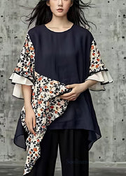 Unique Black Asymmetrical Patchwork Print Cotton Shirts Flare Sleeve