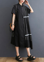 Unique Black Asymmetrical Patchwork Striped Cotton Shirt Dresses Summer