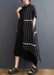 Unique Black Asymmetrical Patchwork Striped Cotton Shirt Dresses Summer