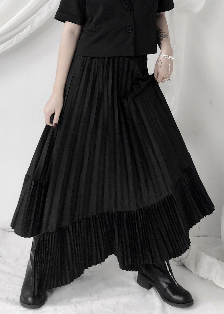 Unique Black Asymmetrical Silk Pleated Skirt Summer