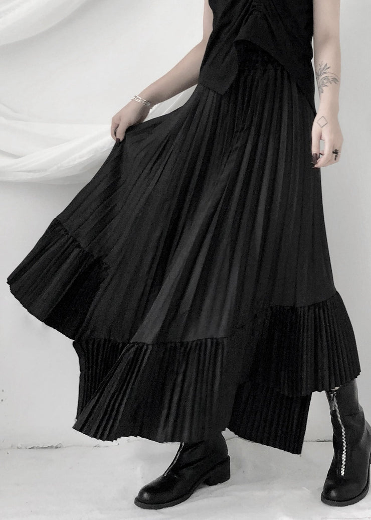 Unique Black Asymmetrical Silk Pleated Skirt Summer