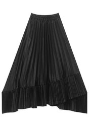 Unique Black Asymmetrical Silk Pleated Skirt Summer