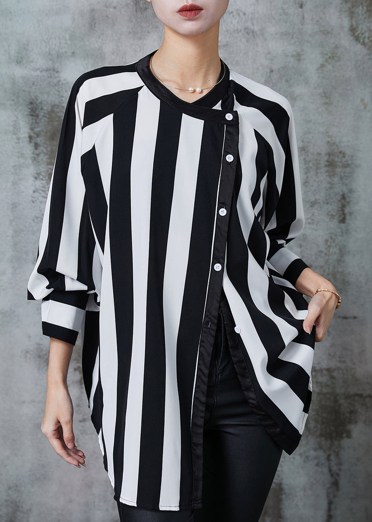 Unique Black Asymmetrical Striped Chiffon Shirt Spring