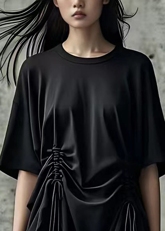 Unique Black Asymmetrical Tie Waist T Shirts Summer