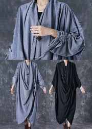 Unique Black Asymmetrical Wrinkled Cotton Gown Dress Fall