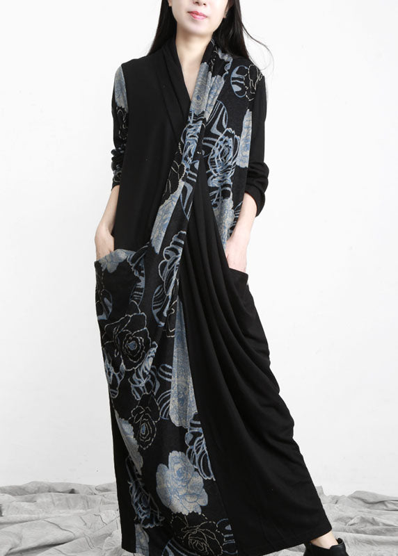 Unique Black Blue Asymmetrical Print Patchwork Cotton Dress Long Sleeve