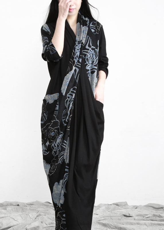 Unique Black Blue Asymmetrical Print Patchwork Cotton Dress Long Sleeve