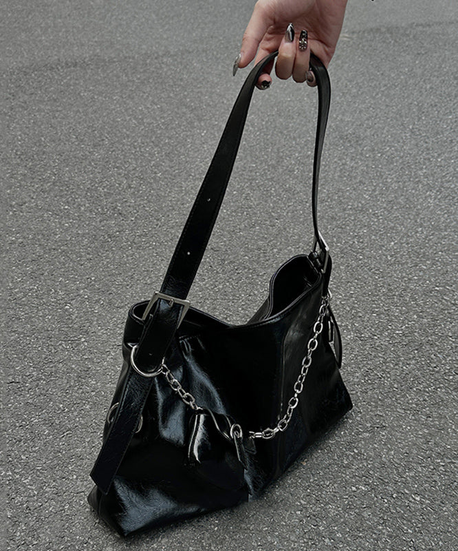 Unique Black Chain Linked Patchwork Faux Leather Messenger Bag