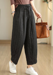 Unique Black Cinched Pockets Elastic Waist Fine Cotton Filled Pants Winter