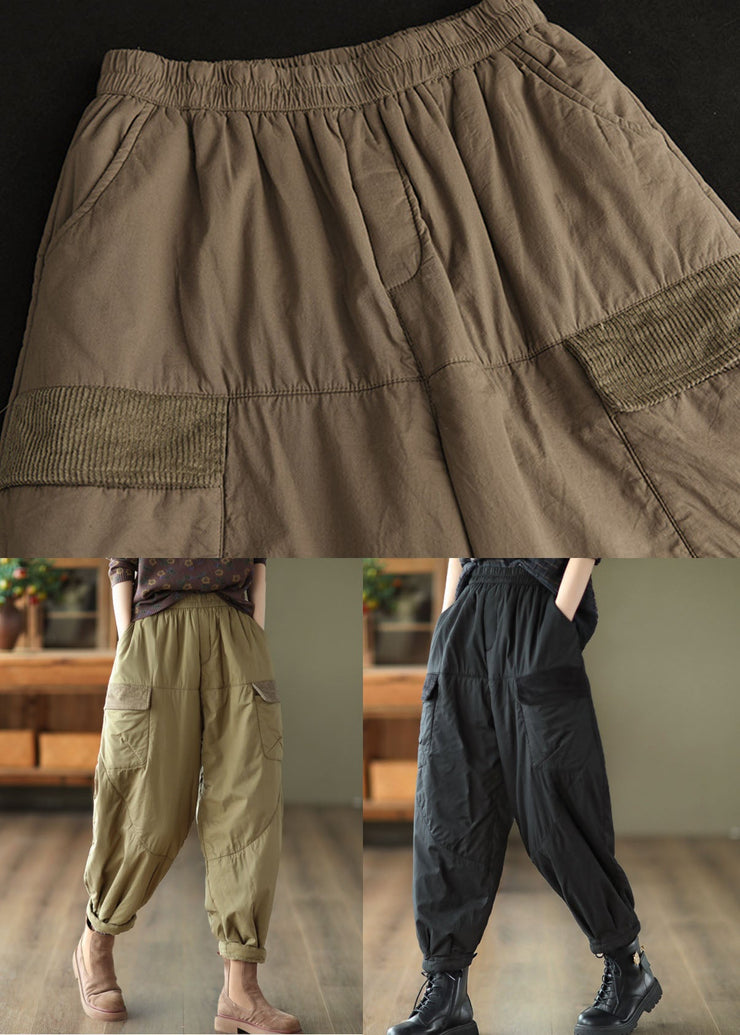 Unique Black Elastic Waist Pockets Fine Cotton Filled Pants Winter