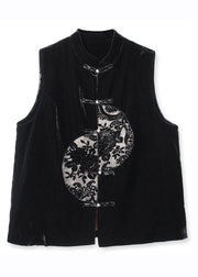 Unique Black Embroidered Patchwork Button Silk Velour Waistcoat Fall