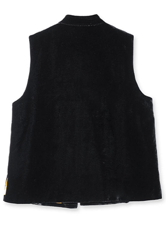 Unique Black Embroideried Patchwork Button Silk Velour Waistcoat Fall