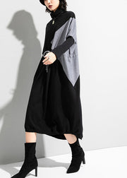 Unique Black Grey Turtleneck Patchwork Drawstring Tie Waist Knit Holiday Dress Long Sleeve