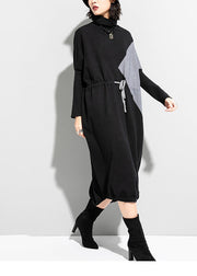 Unique Black Grey Turtleneck Patchwork Drawstring Tie Waist Knit Holiday Dress Long Sleeve