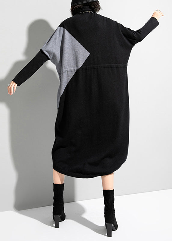 Unique Black Grey Turtleneck Patchwork Drawstring Tie Waist Knit Holiday Dress Long Sleeve