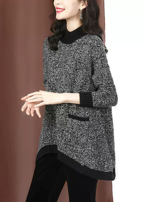 Unique Black Half Hign Neck Pockets Low High Design Knit Sweaters Spring