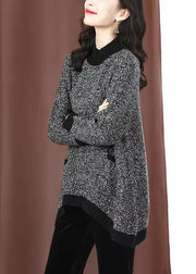 Unique Black Half Hign Neck Pockets Low High Design Knit Sweaters Spring