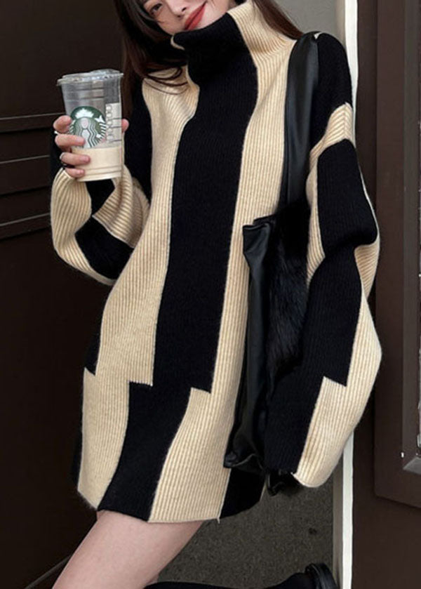 Unique Black High Neck Striped Cozy Knit Long Sweater Winter